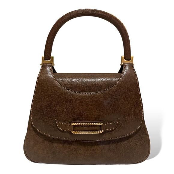 GUCCI Vintage Circa 60’s Brown Leather & Gold Braided Top Handle Purse - Picture 1 of 15